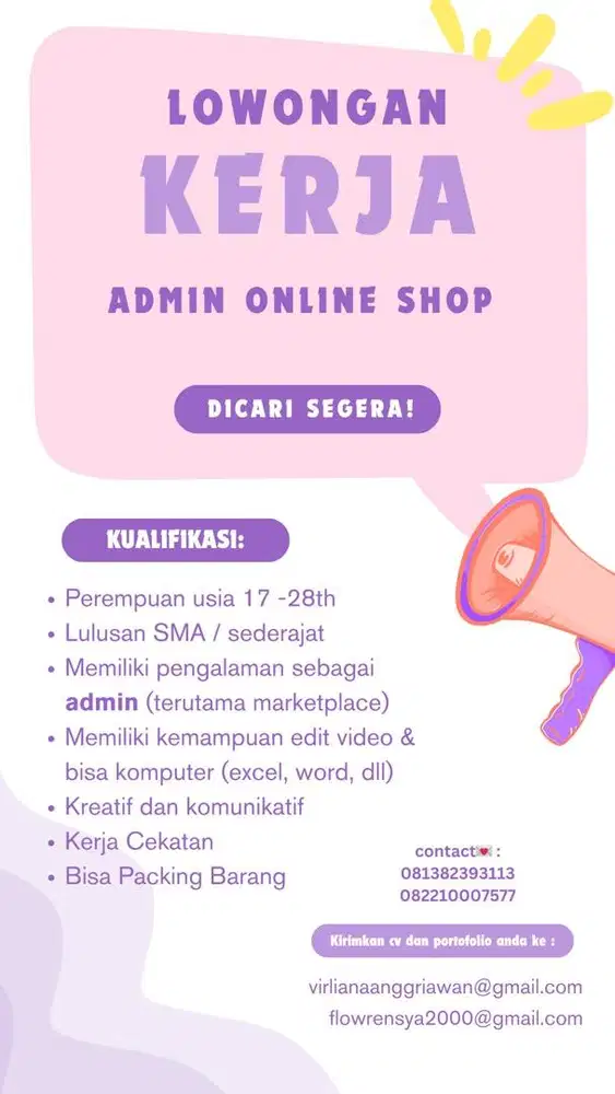dicari admin online shop!