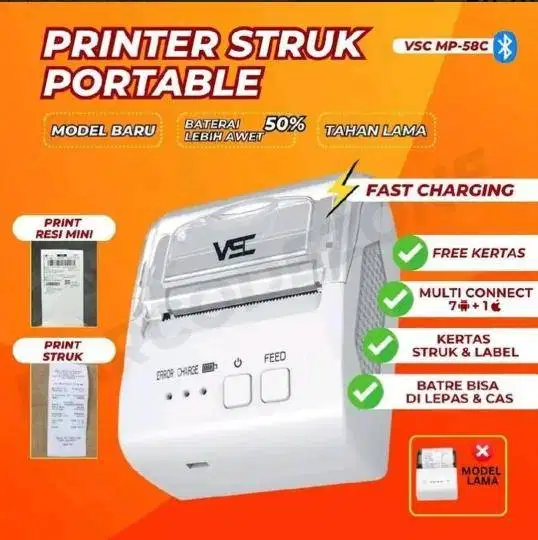 Printer struk thermal bluetooth 58mm VSC 5809 1500mah White New