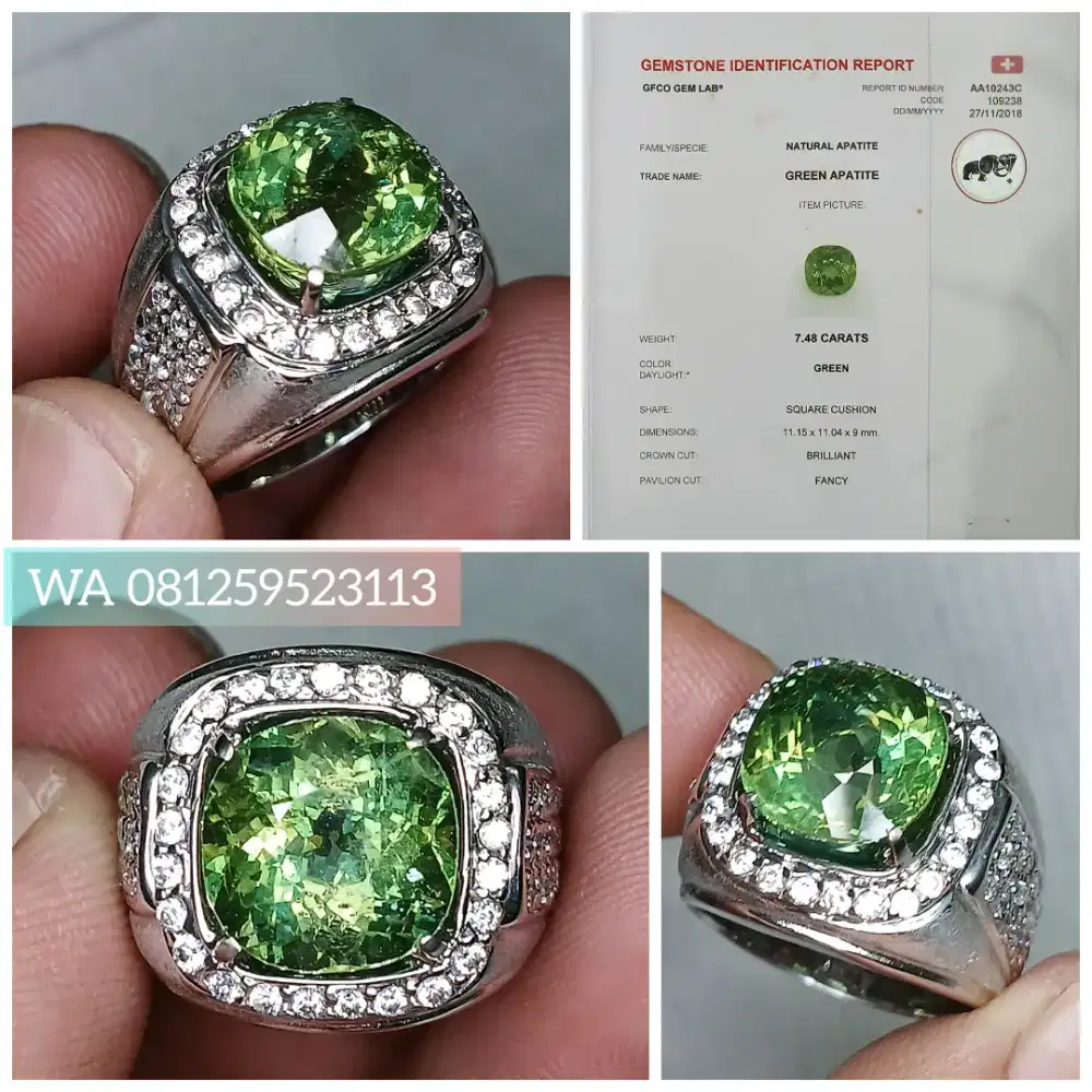 Green Apatite 7.48cts Top Material Kristal Sertifikat GFCO