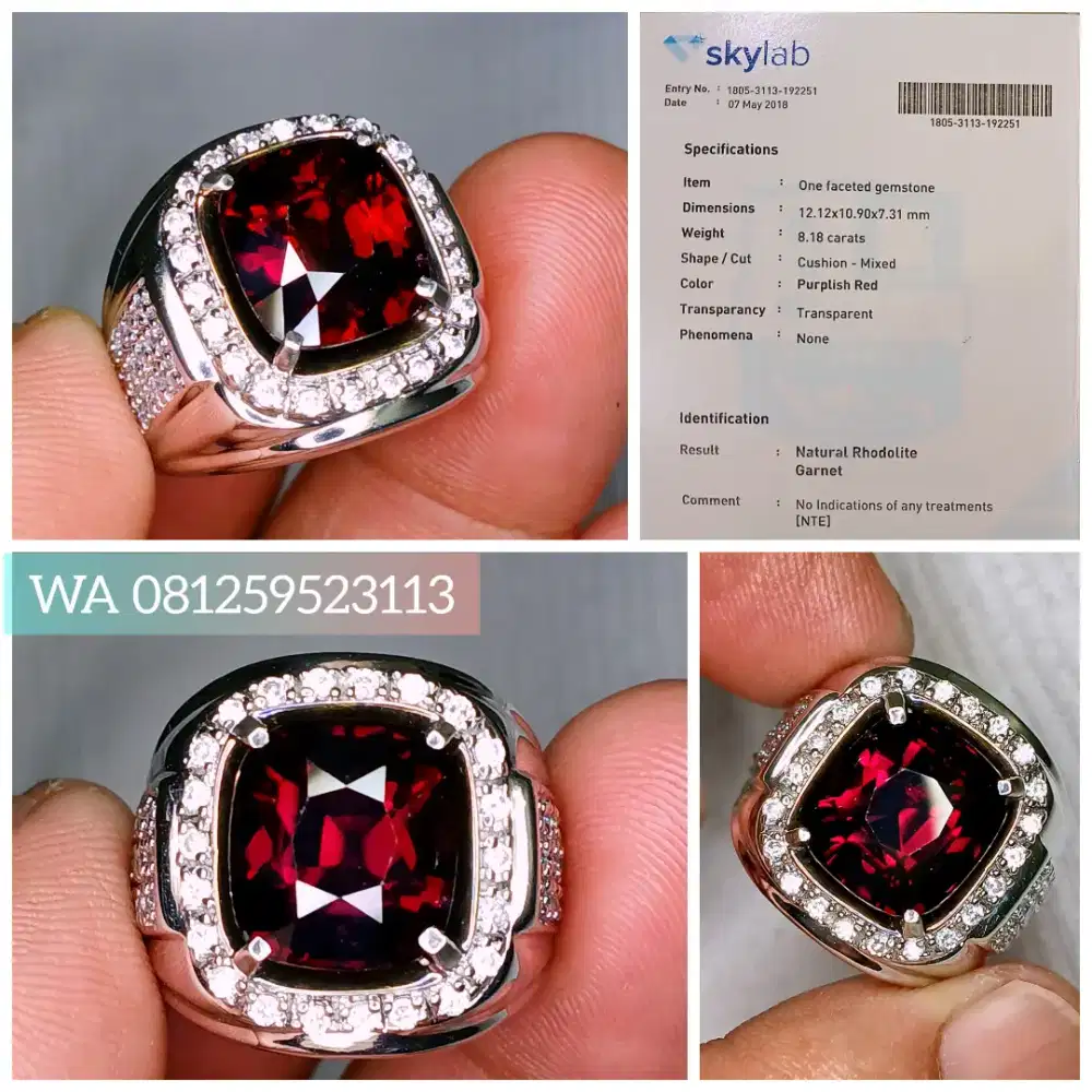 Garnet Rhodolite 8.18cts Silver Ring Mewah Sertifikat SkyLab