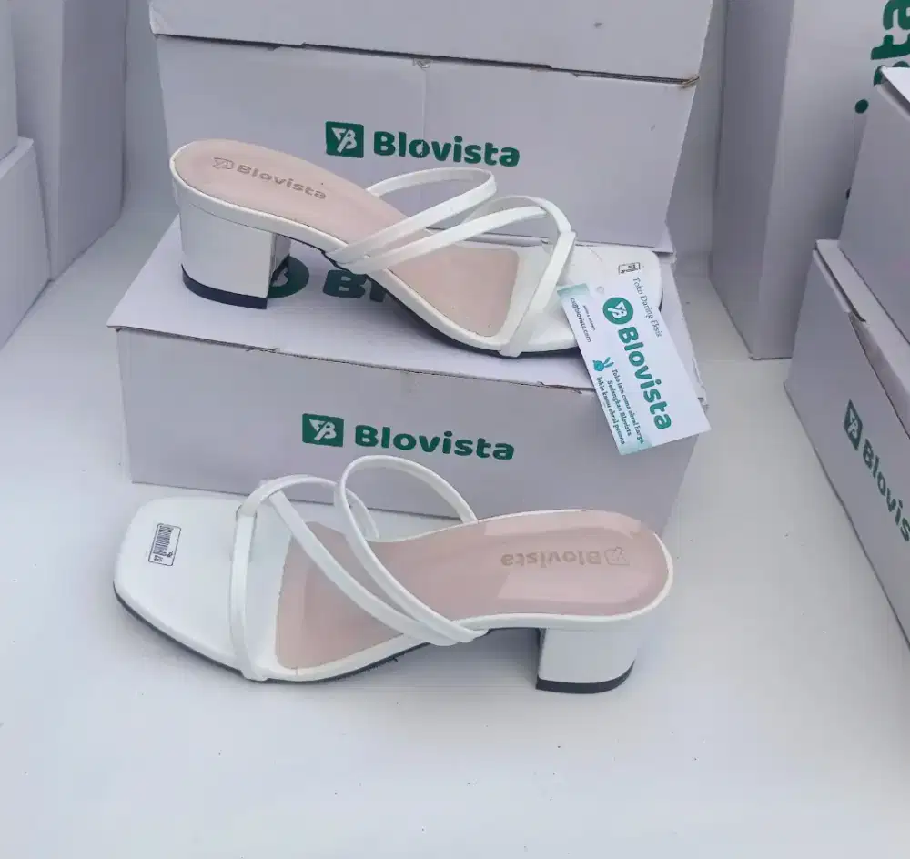 Blovista Sandal Heels Pesta Wanita Tali Silang | Hak Chunky 5cm Putih