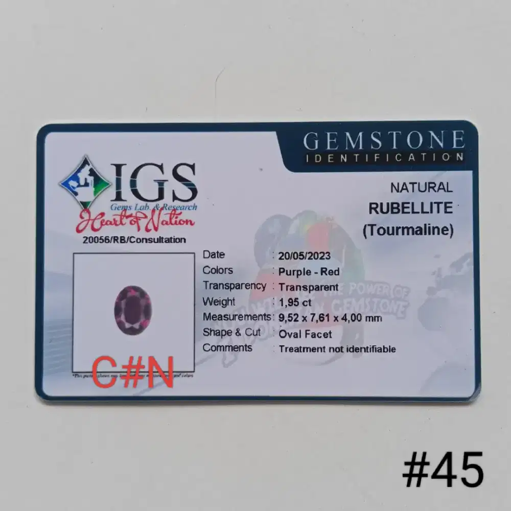 Batu permata natural tourmaline rubellite. Gem id card IGS