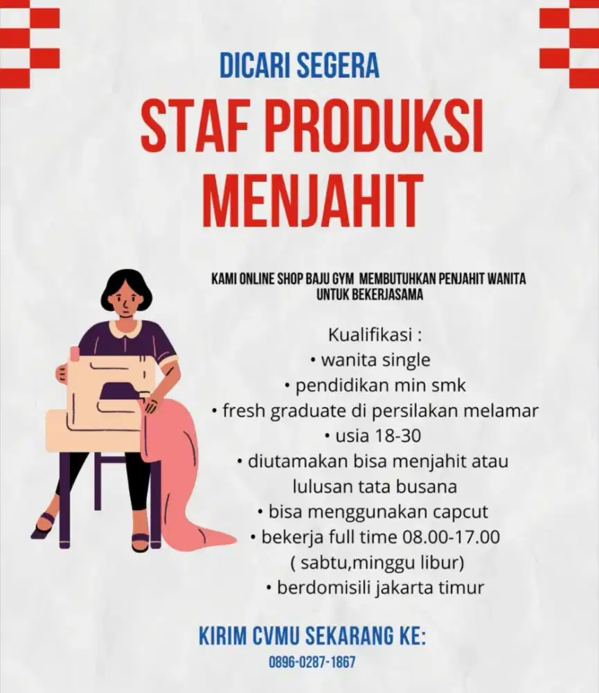 LOWONGAN KERJA STAFF JAHIT WANITA