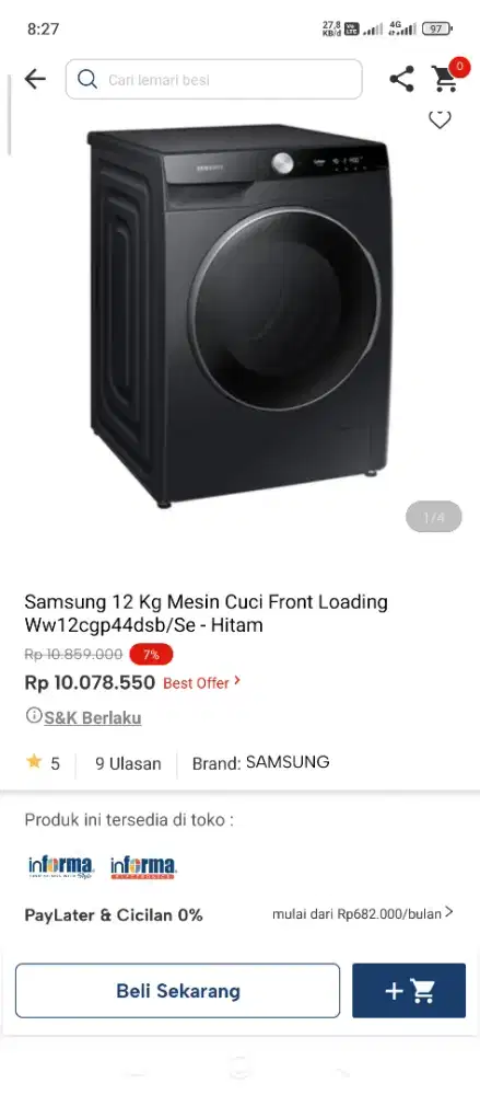 Mesin cuci samsung 12 kg bisa cicilan tanpa dp pakai indodana paylater
