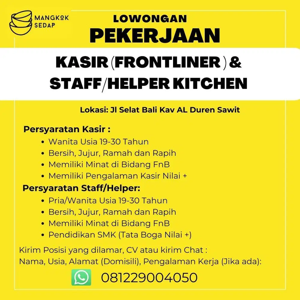 Dibutuhkan Kasir dan Crew Kitchen