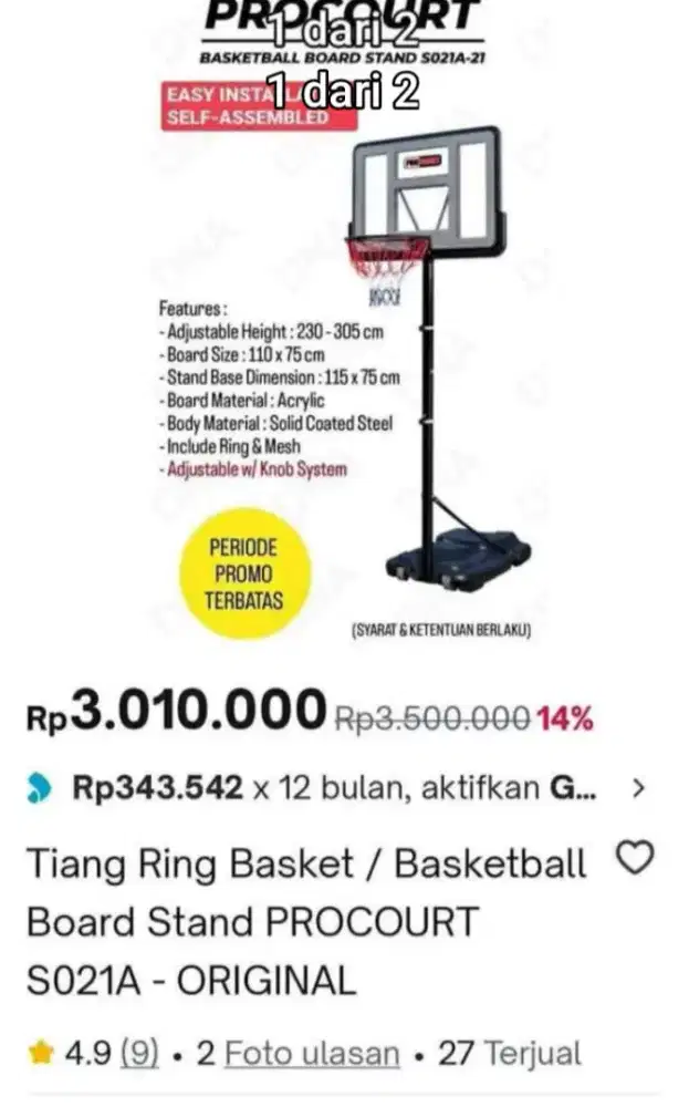 Tiang basket procourt basketball board stand s021a-21