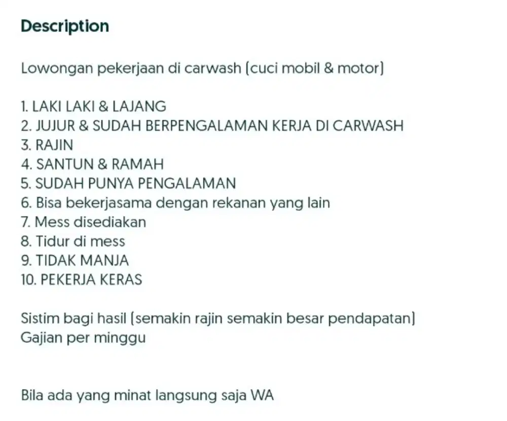 Lowongan perkerjaan carwash cuci mobil dan motor