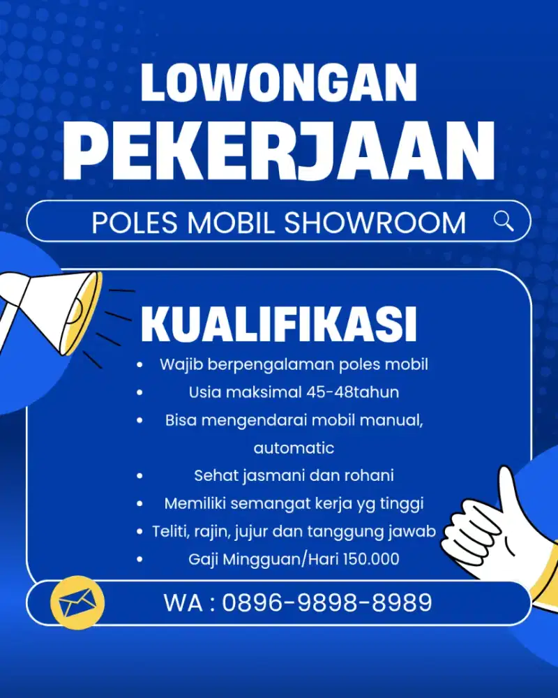 LOWONGAN KERJA POLES MOBIL SHOWROOM ( WAJIB PENGALAMAN POLES )