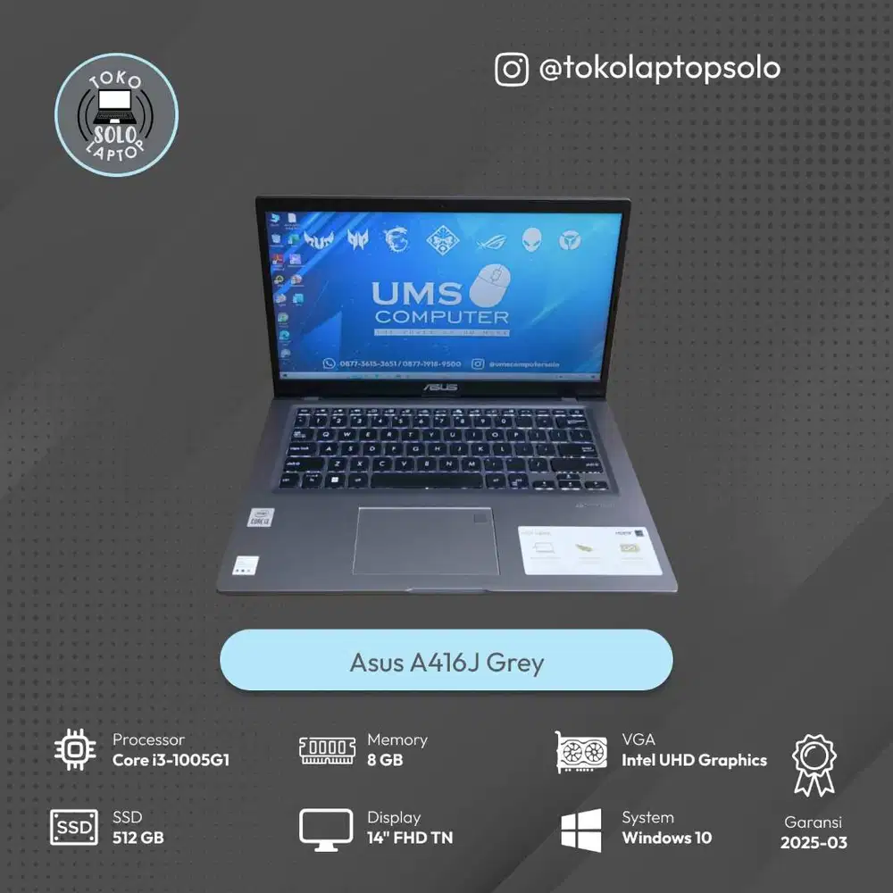 ASUS A416J Grey INTEL Core i3-1005G1 RAM 8GB SSD 512GB Intel UHD