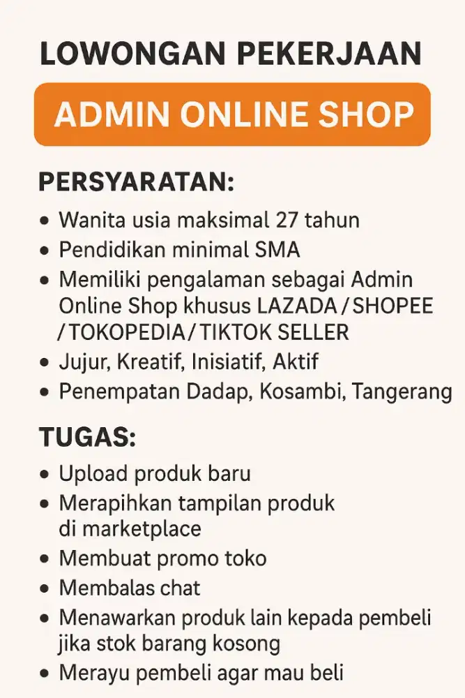 DIBUTUHKAN TENAGA KERJA UNTUK ADMIN ONLINE SHOP
