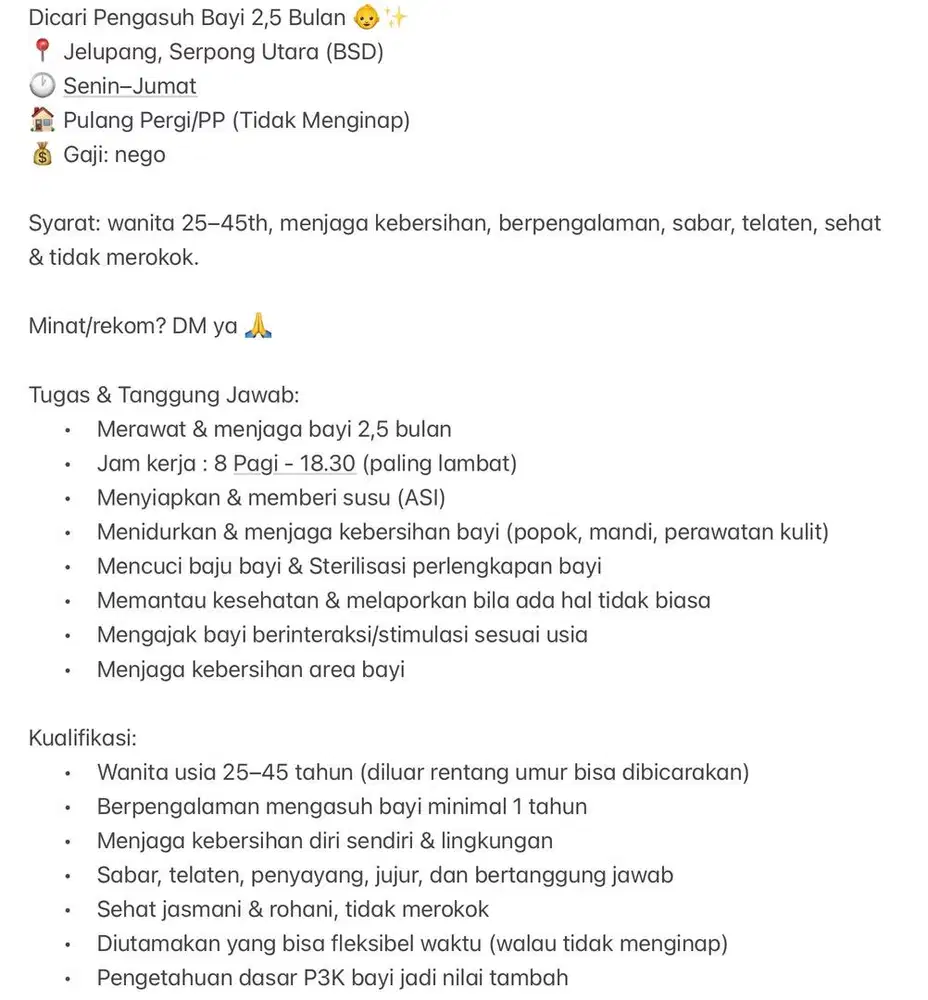 Dicari Pengasuh/ Nanny/ Baby Sitter Bayi