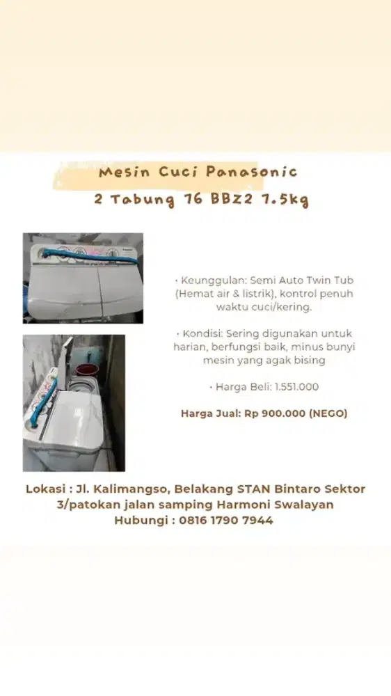 Mesin Cuci Panasonic 2 Tabung 76 BBZ2 7.5kg*