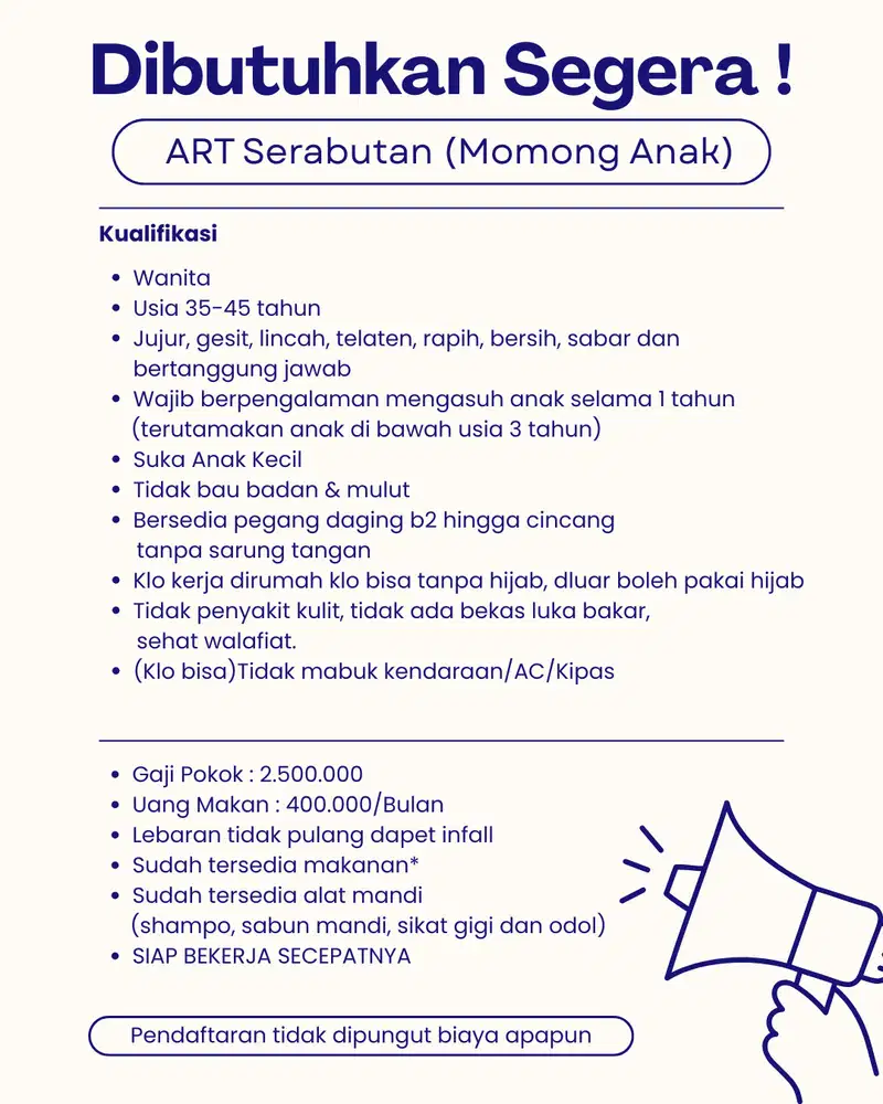 LOWONGAN KERJA ART PEMBANTU MOMONG ANAK BABY SUSTER SERABUTAN