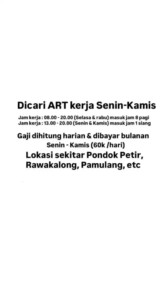 Lowongan kerja art rumah gaji harian 60k jam kerja fleksibel