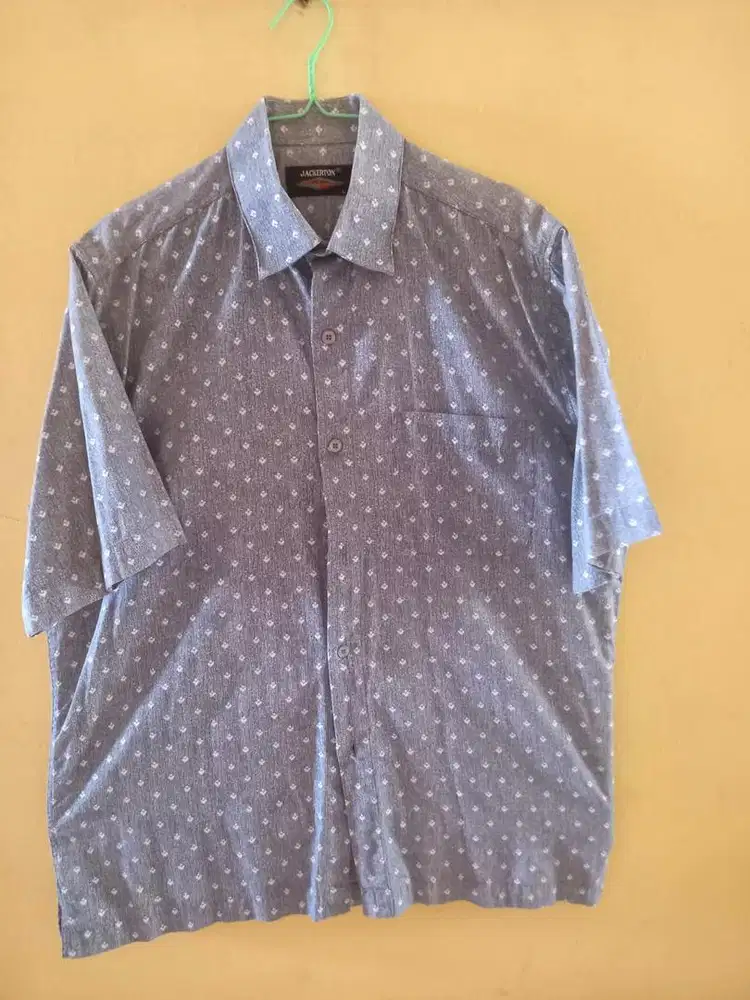 Atasan kemeja kerja lengan pendek panjang pria | Baju biru pink polka