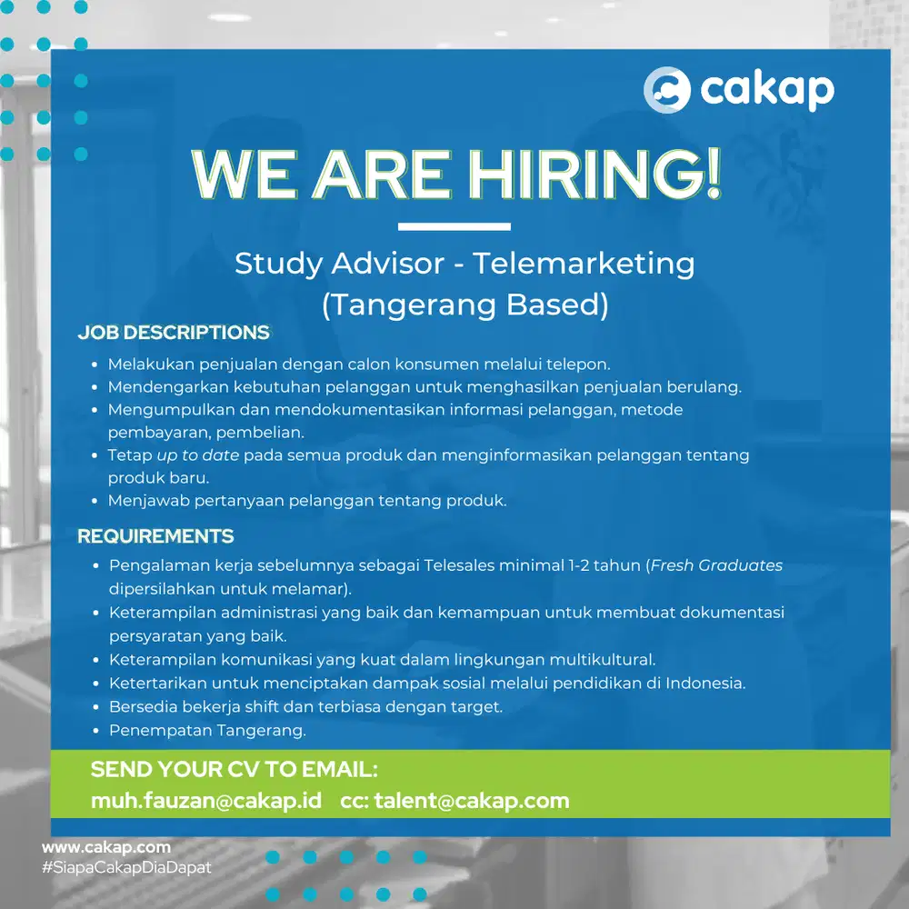 Study Advisor (Telesales) [Placement Tangerang, Yogyakarta, Lampung]