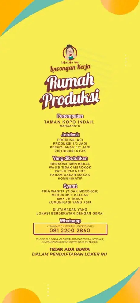 Dibutuhkan Bagian Produksi Makanan!!