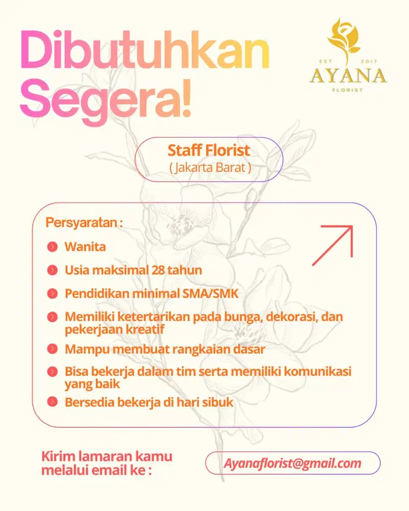 DIBUTUHKAN SEGERA! STAFF FLORIST / HELPER FLORIST