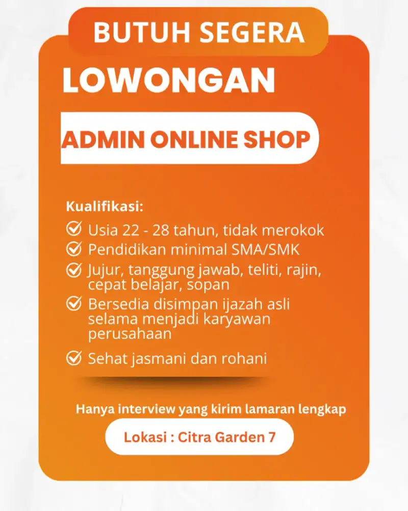 Lowongan ADMIN ONLINE SHOP Chat Packing QC