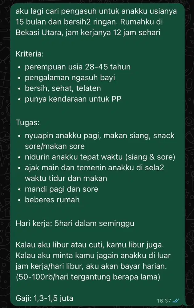 Lowongan kerja ART Bekasi Babelan