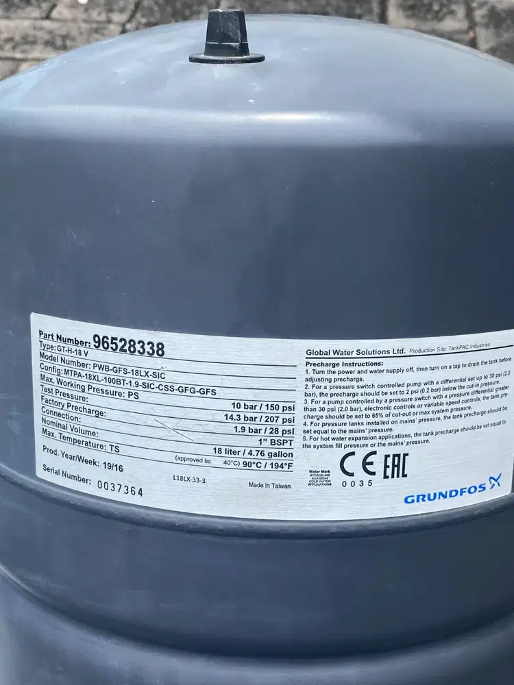 Pressure Tank Groundfos 18Ltr GTH18V kondisi bekas