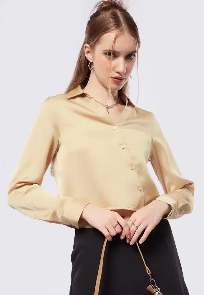COLORBOX Long Sleeve Crop Blouse SIZE S Gold