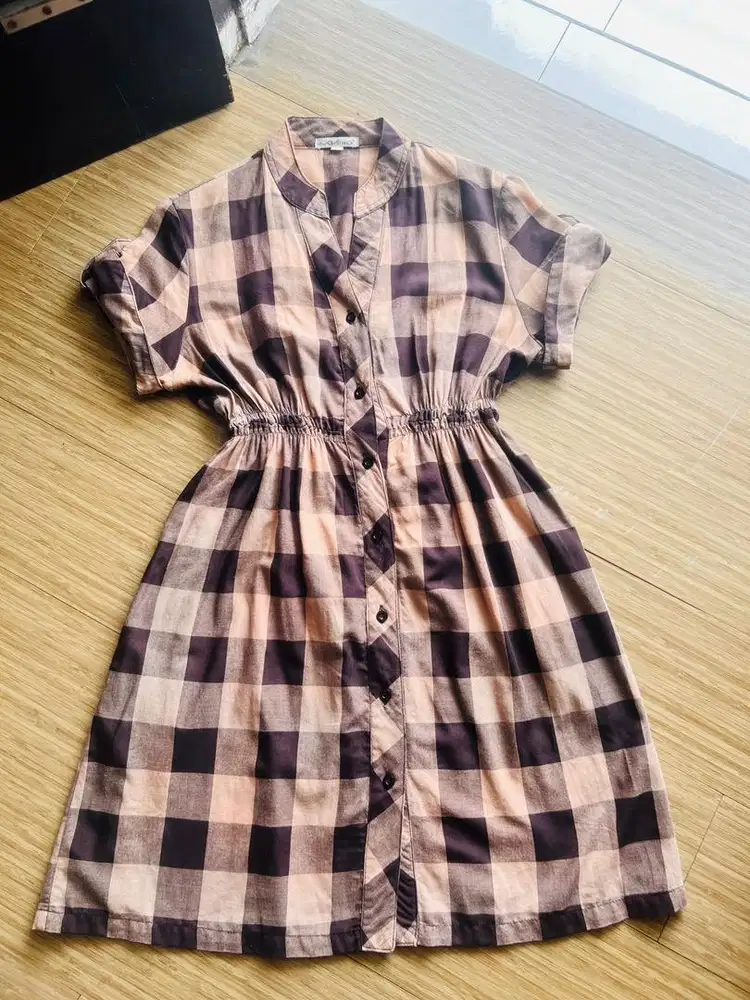 Dress Lengan Pendek Bahan Katun Motif Kotak Tartan Size M