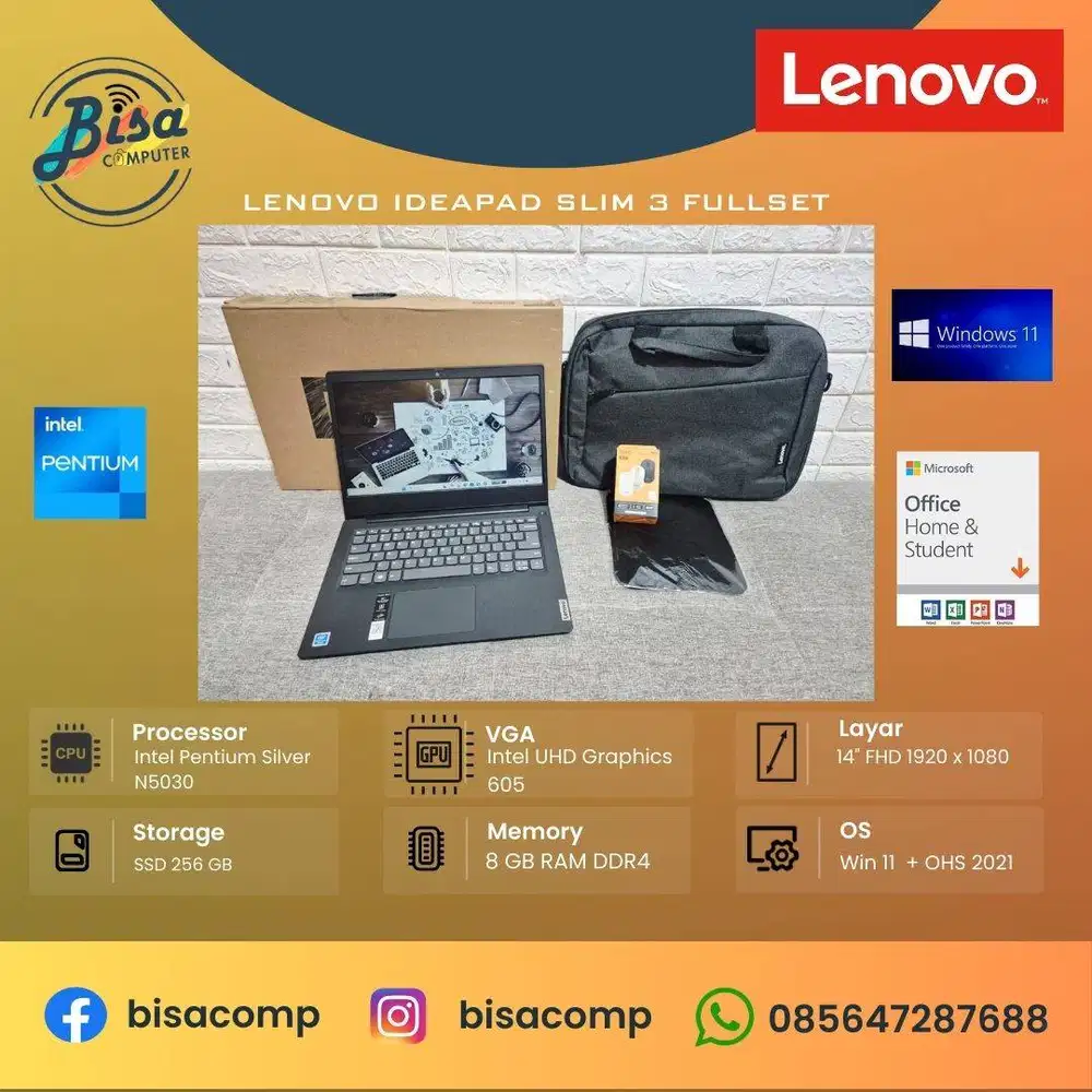 Lenovo Ideapad Slim 3 Fullset Intel N5030 SSD 256gb Ram 8gb 14inchFHD