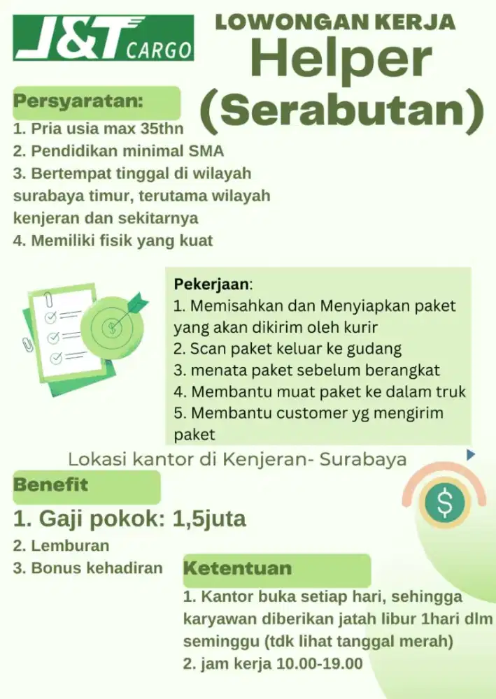 Lowongan kerja bagian sortir atau serabutan JNT cargo wilayah kenjeran