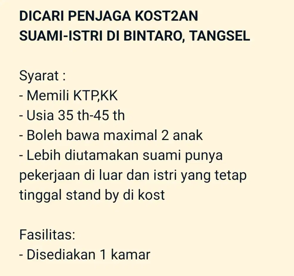 DICARI PENJAGA KOST2AN  SUAMI-ISTRI DI BINTARO, TANGSEL