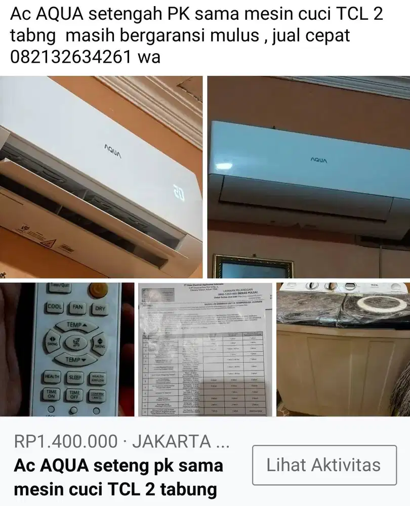 Jual ac AQUA setengah PK sama mesin cuci TCL 2 tabung , mulus garansi