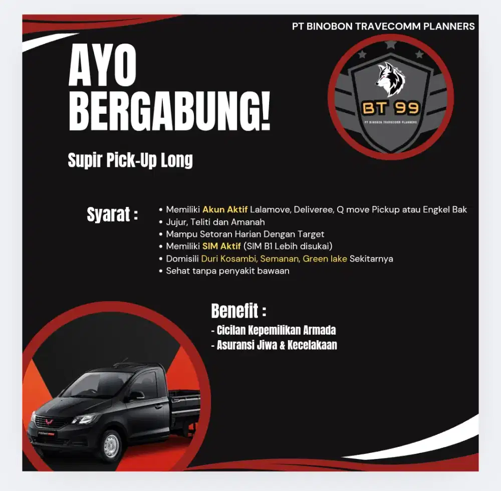 Dicari Segera Mitra Supir Pickup Online