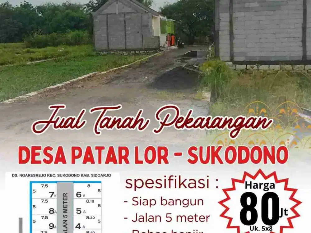 Tanah pekarangan siap bangun Sukodono Sidoarjo SHM jalan lebar mobil salipan