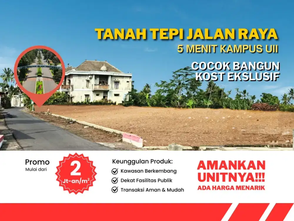 Tanah Jogja Tepi Jalan Area Kampus UII, Akses Lebar dan View Merapi