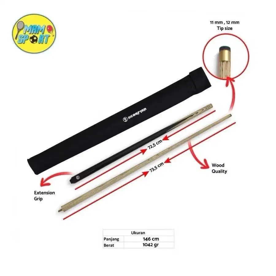 Stick Billiard SCORPION WOOD X4 12MM Sambung Original
