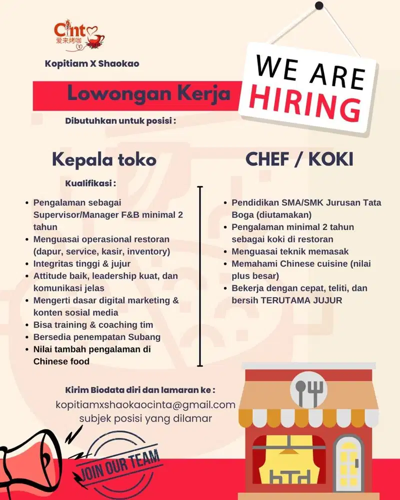 LOWONGAN KOKI/CHEF dan kepala toko