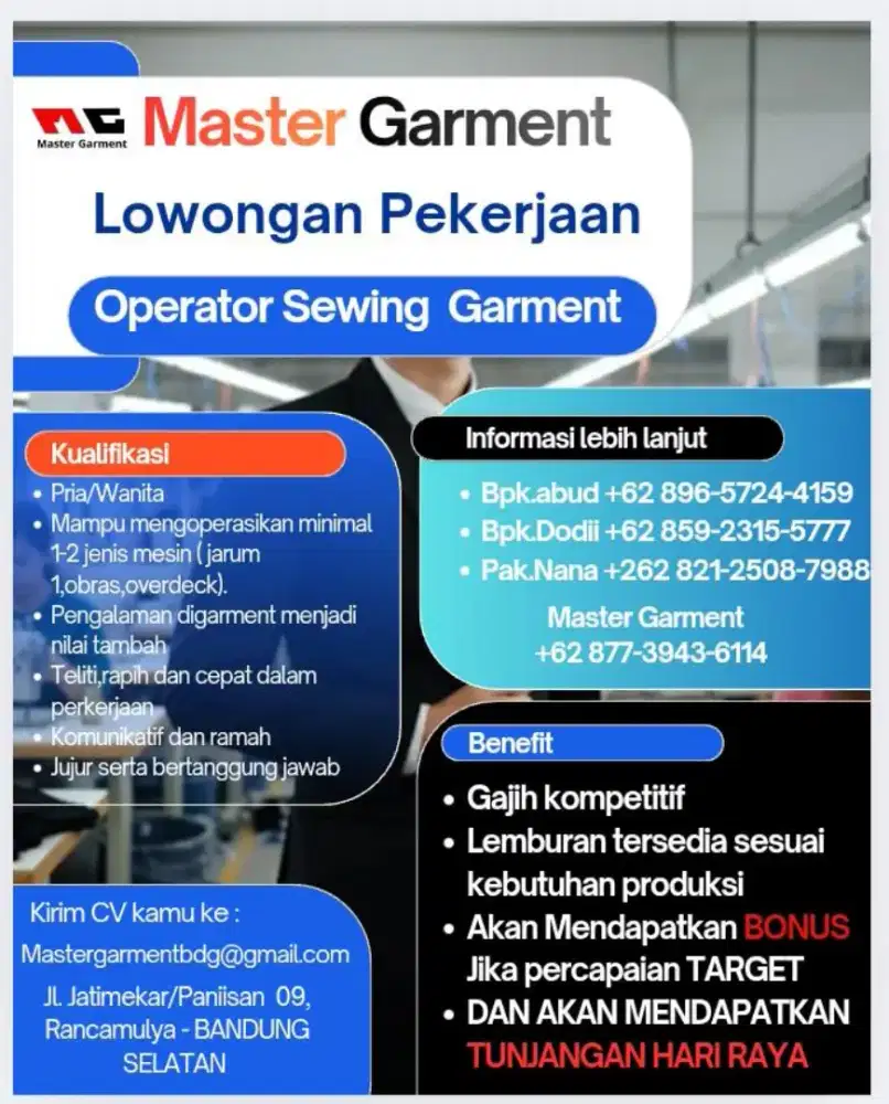 Dibutuhkan operator sewing berpengalaman