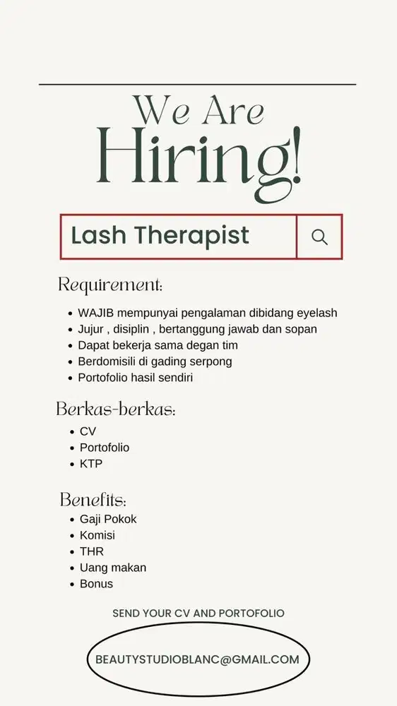 DICARI EYELASH THERAPIST PENGALAMAN SECEPATNYA