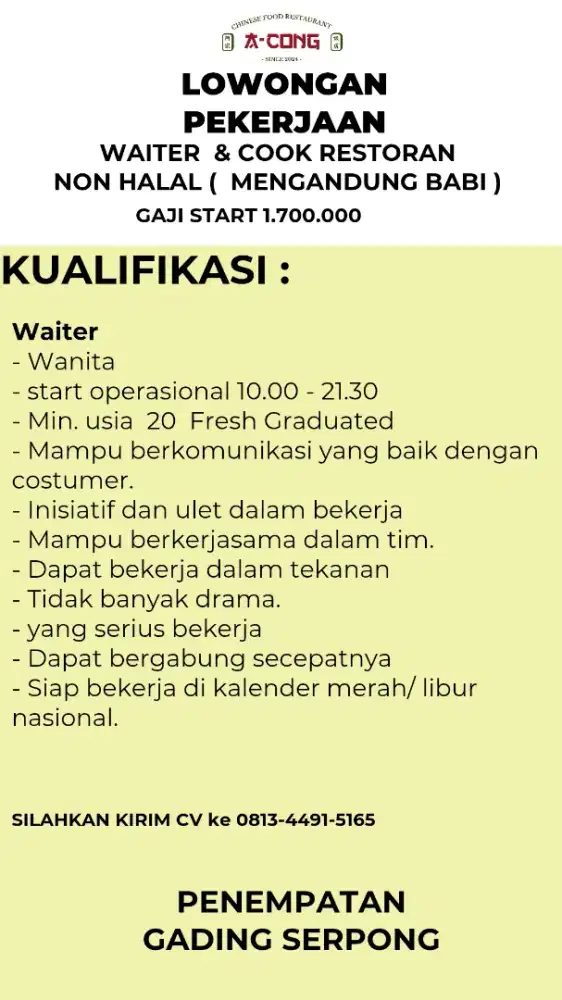 DICARI WAITER UNTUK ACONG CHINESE FOOD GADING SERPONG