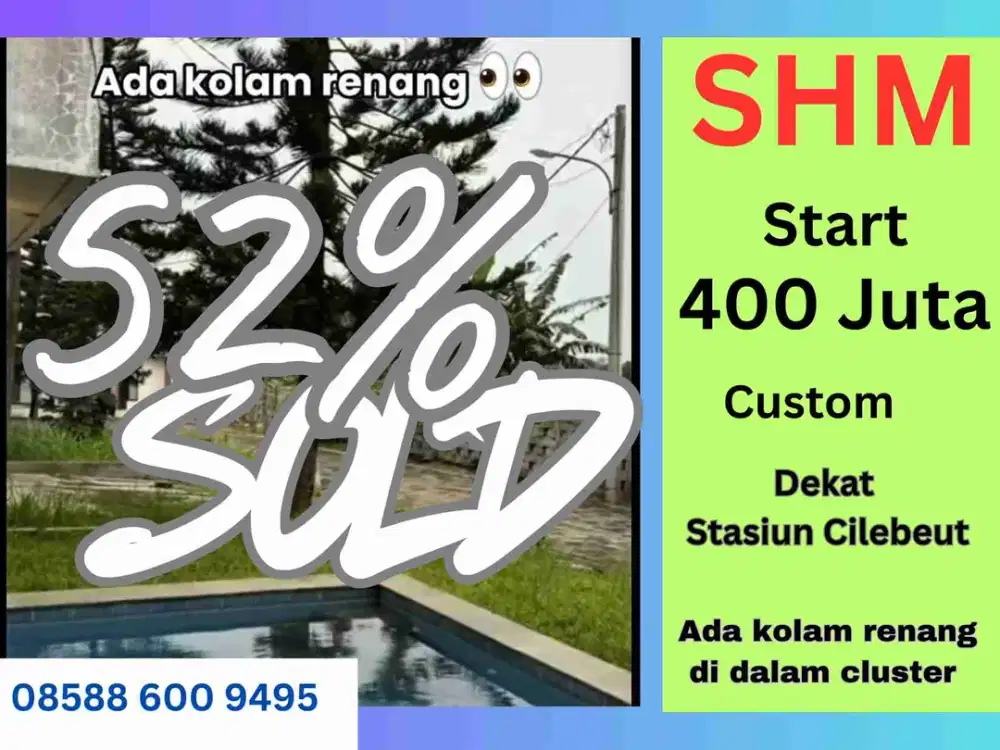 Jual Rumah di Dekat stasiun Cilebeut, ada kolam renang dalam cluster, 400 Jutaan
