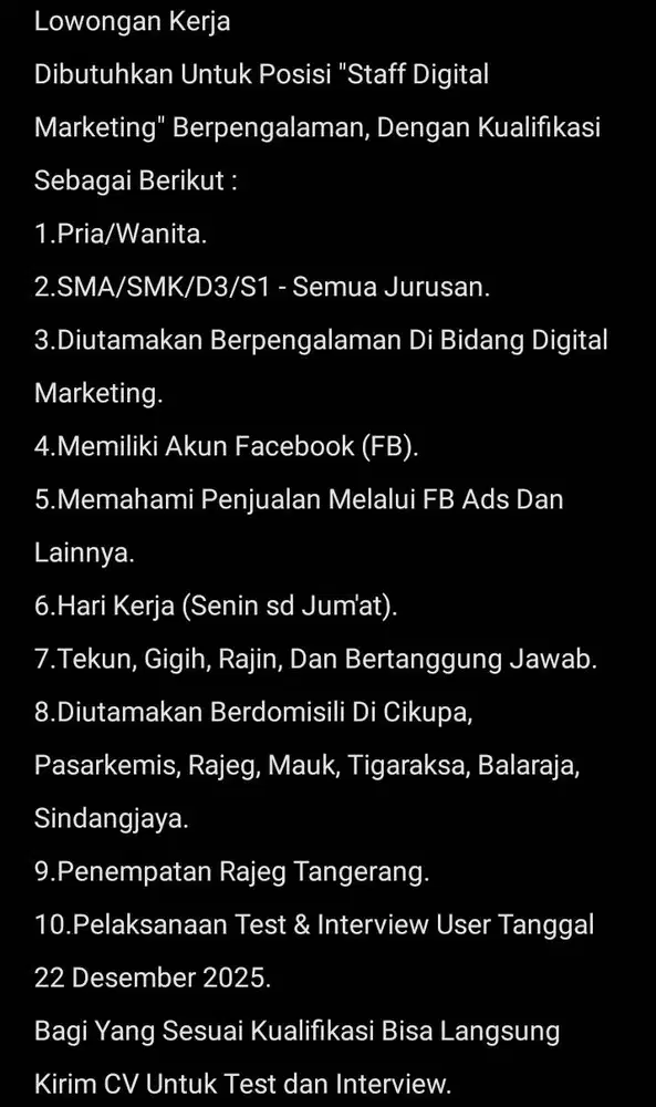 Lowongan Kerja Staff Digital Marketing