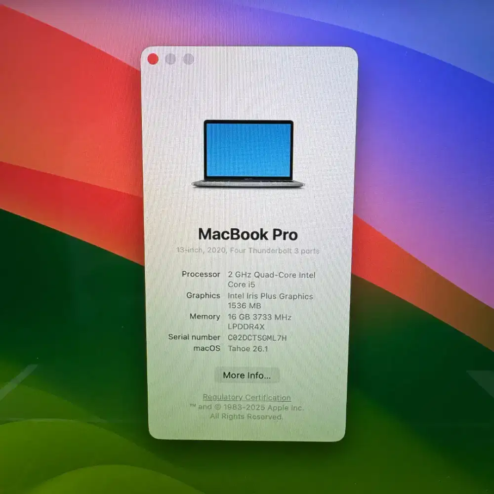 Macbook Pro 2020 layar 13 Inch Ram 16 Ssd 512 Core I5 lengkap full se