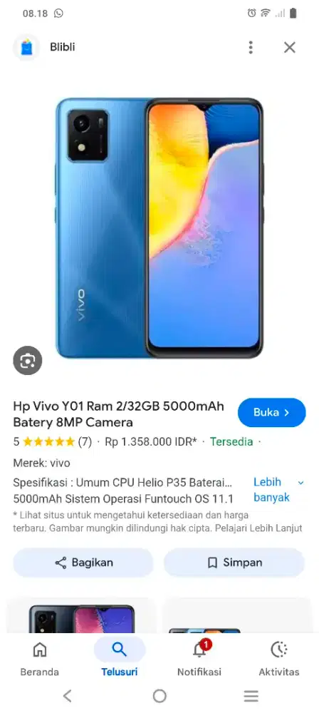 Hp vivo y01 warna biru