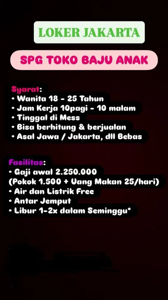 Lowongan Kerja SPG Pakaian Anak