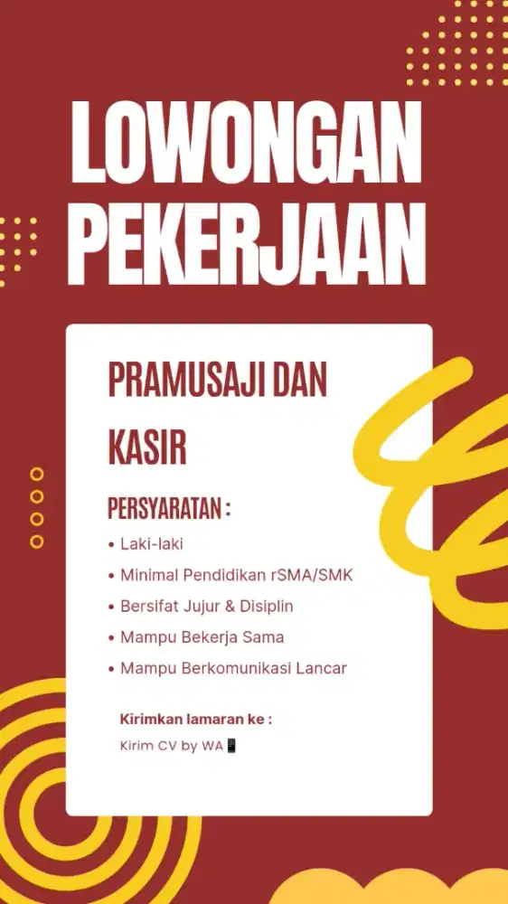Lowongan Pramusaji  Kasir