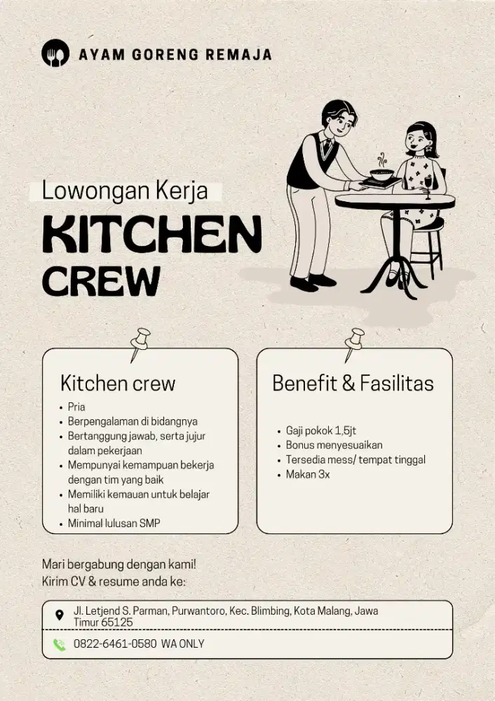 Dibutuhkan karyawan bagian kitchen dan serabutan