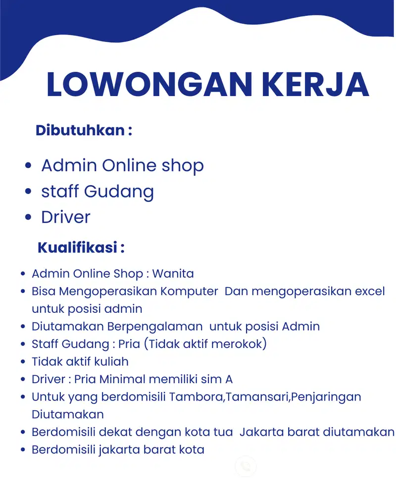 Lowongan Posisi Admin Online,Driver Dan Staff Gudang