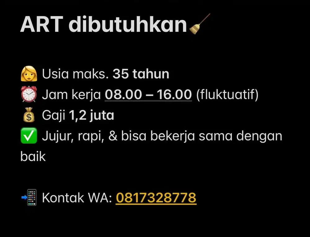 Dibutuhkan ART Nginden Surabaya