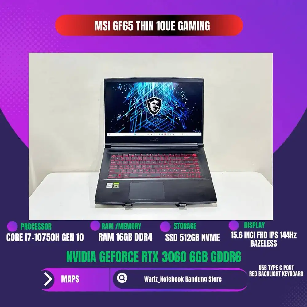 MSI GF65 THIN 10UE CORE I7-10750H NVIDIA RTX 3060 6GB GDDR6 RAM 16GB