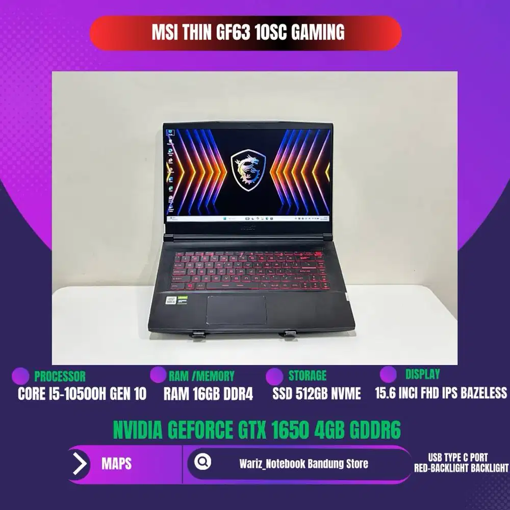 MSI GF63 THIN 10SC I5-10500H NVIDIA GTX 1650 4GB GDDR6 RAM 16GB